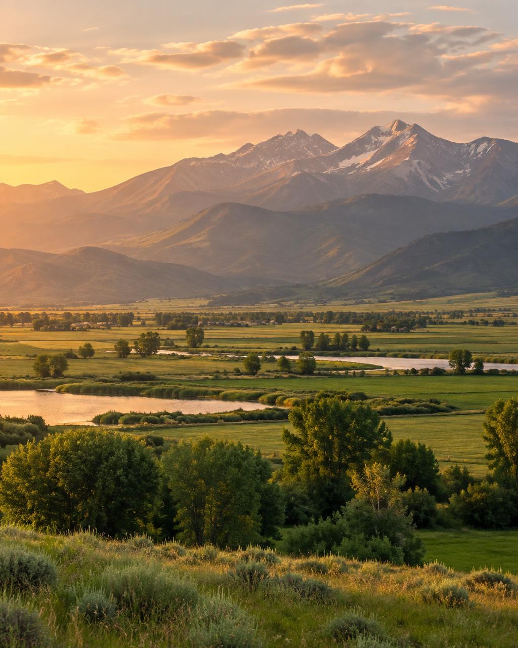 The Wasatch mountains rising above the green Heber Valley at golden hour